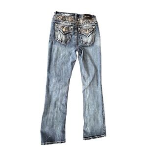 Miss Me Womens Signature Rise Boot Jeans STAINED Flap Pocket Embroidered 27x30